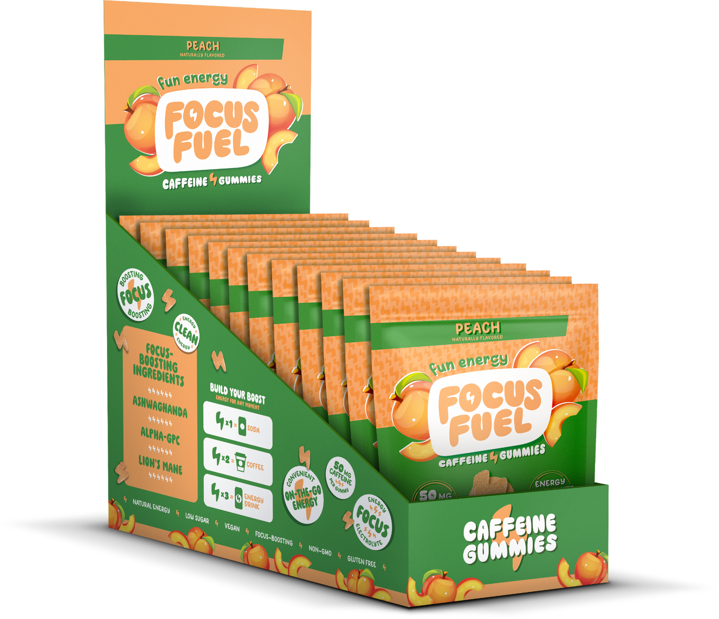 FocusFuel Peach Caddy — 12 packs of 4 gummies